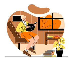 Student getting ready for classes. Woman with book in glasses sits on armchair and reads. University and school, distance learning. Knowledge and information. Cartoon flat vector illustration