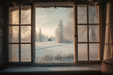 A mesmerizing looped and seamless countryside winter wonderland view from a window with snow and a touch of Christmas. Generative AI