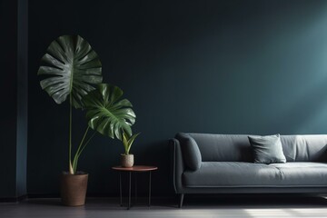 Contemporary living space with black couch and monstera plant on table. Navy blue wall and uneven floor. Space for text. Generative AI