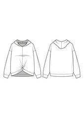 twist drape drop shoulder hoodie fashion technical drawing / flat sketch /CAD / ADOBE Illustrator vector digital download	