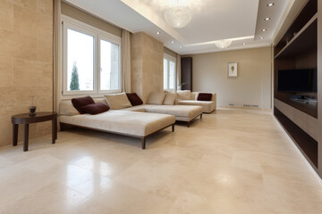 Naklejka na ściany i meble Interior of a beige living room in a travertine home, generative AI