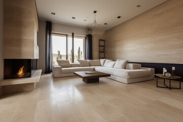 Interior of a beige living room in a travertine home, generative AI