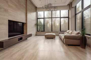 Interior of a beige living room in a travertine home, generative AI