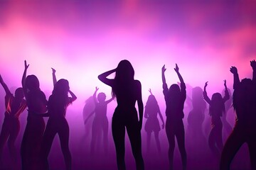 Obraz na płótnie Canvas Silhouette Crowd Dancing on Neon Light Background , ai generated