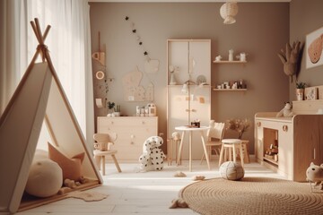 Fototapeta na wymiar Warm and inviting kids' room with beige tones, rendered in 3D. Generative AI