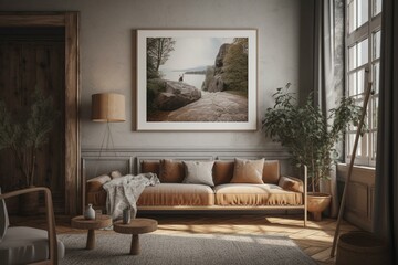 A mockup of a picture frame in a Scandinavian farmhouse living room, digitally created. Generative AI
