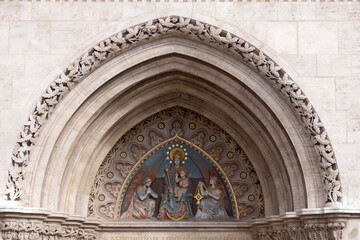 Budapest (Hungary). Architectural detail of the facade of the Matthias Church (Church of Our Lady) in the city of Budapest