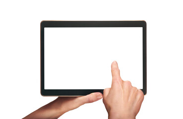 A woman's hand holding and finger pointing to a mobile computer screen, tablet display with a transparent background and display to insert business message.
