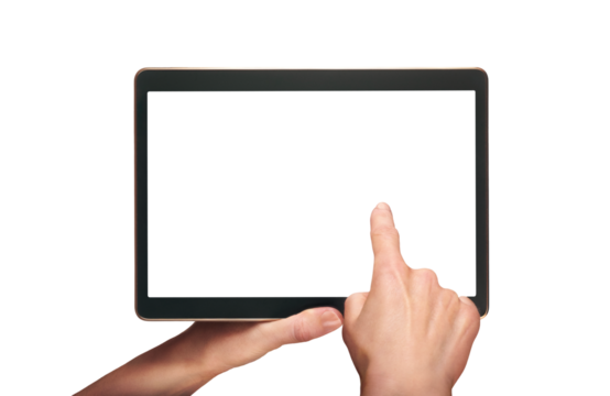 A woman's hand holding and finger pointing to a mobile computer screen, tablet display with a transparent background and display to insert business message.