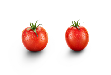A pair of clean fresh red juicy ripe tomatoes isolated against a transparent background.