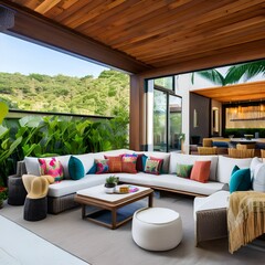 Fototapeta premium 3 A tropical-style indoor-outdoor living room with a mix of natural and woven finishes, a large, sectional sofa, and a mix of colorful and patterned throw pillows5, Generative AI