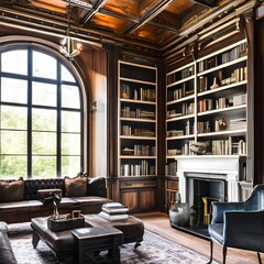 7 A Gothic-style library with a mix of dark and textured finishes, a classic fireplace, and a mix of antique and modern books and decor pieces4, Generative AI