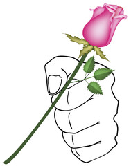 Hand Drawn Sketch of Hand Holding Beautiful Pink Rose with Green Leaves.
