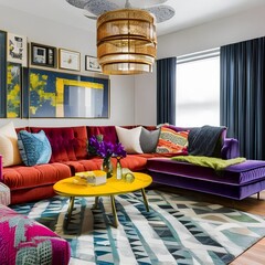 6 A retro-inspired living room with a mix of colorful and patterned finishes, a low sectional sofa, and a mix of vintage and modern decor pieces5, Generative AI
