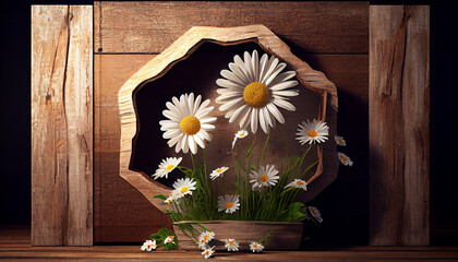 rustic charm 3d wooden background with white daisy podium generative AI