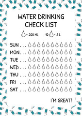 Water tracker vector template. Water drinking checklist with drops. Doodle bootle background. vector illustration. Doodle style.