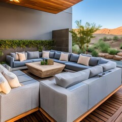 14 A desert-inspired outdoor living room with a mix of natural and textured finishes, a large, sectional sofa, and a mix of patterned and solid throw pillows1, Generative AI