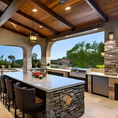 5 A Mediterranean-style outdoor kitchen with a mix of stone and tile finishes, a large, built-in grill and sink, and a mix of open and closed storage1, Generative AI