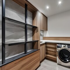 13 A laundry room with a mix of wooden and metal finishes, a large sink, and a mix of open and closed storage5, Generative AI