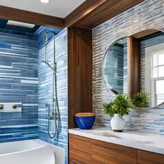 9 A nautical-inspired bathroom with a mix of blue and white finishes, a large, freestanding bathtub, and a mix of open and closed storage4, Generative AI