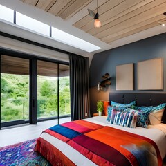 8 A bohemian-style bedroom with a mix of colorful and textured finishes, a low platform bed, and a mix of patterned and solid bedding4, Generative AI
