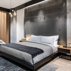 17 A modern, industrial-inspired bedroom with a mix of concrete and metal finishes, a low platform bed, and a large, statement pendant light2, Generative AI