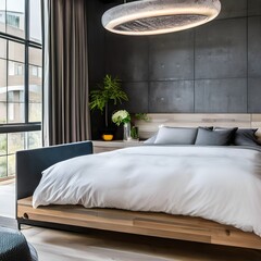 17 A modern, industrial-inspired bedroom with a mix of concrete and metal finishes, a low platform bed, and a large, statement pendant light5, Generative AI