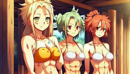 Obraz na płótnie Canvas three anime girl in bikini generative AI 