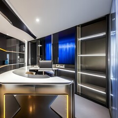20 A futuristic, space-inspired home office with a mix of metallic and glossy finishes, a large, wall-mounted desk, and a mix of open and closed storage2, Generative AI