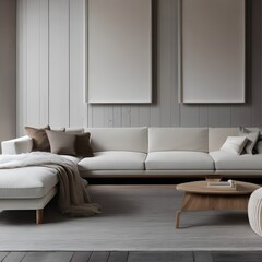 11 A Scandinavian-style living room with a mix of wooden and white finishes, a low sectional sofa, and a mix of textured and solid throw pillows3, Generative AI