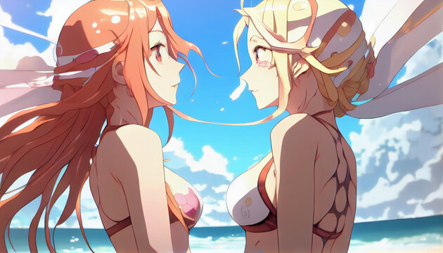 two anime girl in bikini kissing each other generative AI