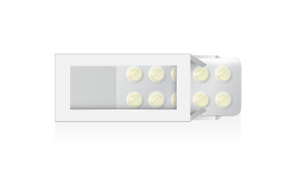 Medical drugs in open white box. realistic mock up of pharmacy package, round and oval pills and tablets in blank carton packs. template of medicaments wrapping. vector design.