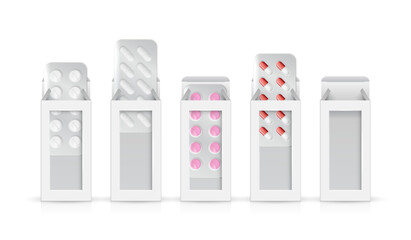 Medical drugs in open white box. realistic mock up of pharmacy package, round and oval pills and tablets in blank carton packs. template of medicaments wrapping. vector design.
