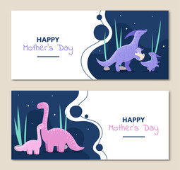 Mothers day banners set. Blue and pink dinosaurs with egg. Animals BC, family of brontosaurus. Baby and parent. Landing page design. Cartoon flat vector illustrations isolated on beige background