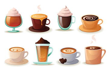 Concept Coffee collection. A set of flat, cartoon-style illustrations showcasing a collection of various coffee drinks with colorful designs, all presented on a white background. Vector illustration.