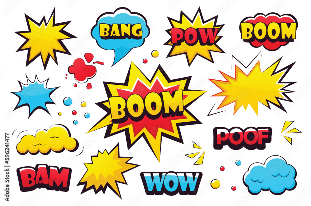 Poster concept boom expression. a set of flat, cartoon-style design elements featuring 