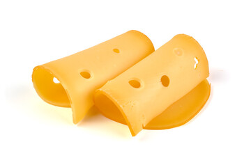 Hard Dutch gouda cheese, close-up, isolated on white background.