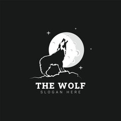 Wolf howling under the full moon logo vector icon illustration