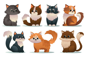 Concept Cats. A set of flat cartoon designs featuring cute cats on a white background. Vector illustration.