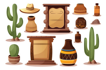 Concept Mexico elements. A set of flat cartoon designs featuring Mexican elements such as cactus, sombrero, and chili peppers, placed on a white background. Vector illustration.
