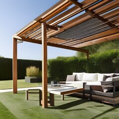 12 A wooden or metal pergola with retractable shade panels for added comfort on hot days2, Generative AI