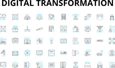 Digital transformation linear icons set. Disruption, Innovation, Agility, Connectivity, Automation, Integration, Optimization vector symbols and line concept signs. Flexibility,Empowerment