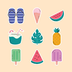 Set of Summer Elements Flat Icons Vector Illustration, Watermelon, Coconut Drinks, Monstera Leaf, Ice Cream, Slippers, Pineapple