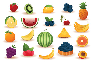Concept Fruits. A colorful set of flat cartoon designs featuring various fruits on a white background. Vector illustration.