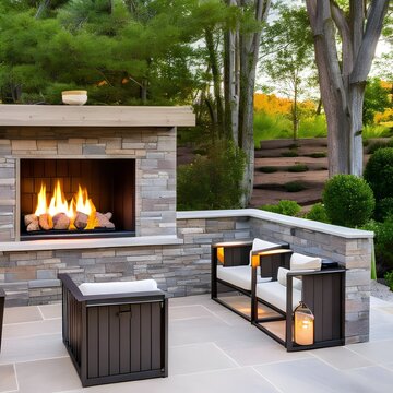 3 A Built-in Outdoor Fireplace With A Stone Surround And Wooden Mantel For A Rustic And Cozy Feature5, Generative AI