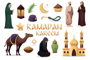 Concept Ramadan Kareem. This is a set of flat cartoon designs featuring various Ramadan elements such as a mosque, crescent moon, lanterns, and dates on a white background. Vector illustration.