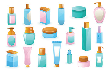 Concept Hygiene products. A flat, cartoon-style design set featuring a collection of various hygiene products, all displayed on a white background. Vector illustration.