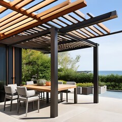 12 A wooden or metal pergola with retractable shade panels for added comfort on hot days3, Generative AI - obrazy, fototapety, plakaty