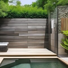 17 A built-in outdoor shower with wooden or stone walls for added convenience and luxury3, Generative AI