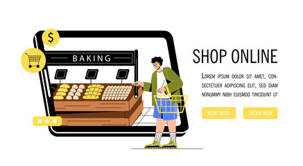 Shopping online banner. Man with basket chooses goods on smartphone screen. Bakery and flour products. Rolls and baguettes. Landing page design. Cartoon flat vector illustration
